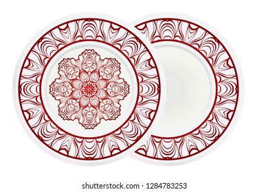 Mandala circular abstract floral lace pattern. Set of 2 matching decorative plates. Decorative mandala ornament. Vector illustration