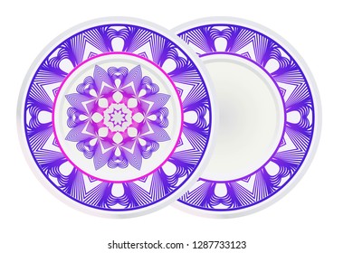 Mandala circular abstract floral lace pattern. Set of 2 matching decorative plates. Decorative mandala ornament. Vector illustration. Purple color.