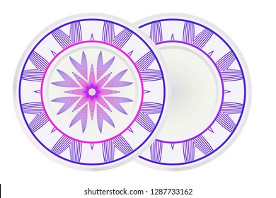 Mandala circular abstract floral lace pattern. Set of 2 matching decorative plates. Decorative mandala ornament. Vector illustration. Purple color.
