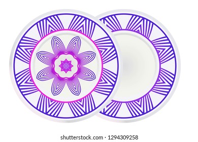 Mandala circular abstract floral lace pattern. Set of 2 matching decorative plates. Decorative mandala ornament. Vector illustration. Purple color.