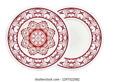 Mandala circular abstract floral lace pattern. Set of 2 matching decorative plates. Decorative mandala ornament. Vector illustration