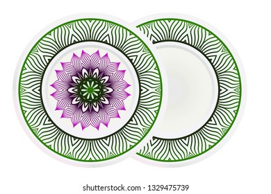 Mandala circular abstract floral lace pattern. Set of 2 matching decorative plates. Decorative mandala ornament. Vector illustration