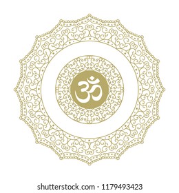 Mandala. Circular figure representing the universe in Hindu and Buddhist. gold logo emblem with blank space for company name
