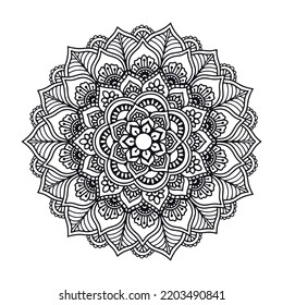 Mandala, circular ornament, antistress relaxation coloring book, yoga meditation for beginners. Vector. Drawn by hand with black lines on a white background.