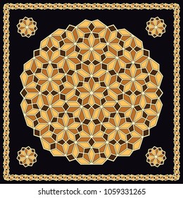 Mandala. Circular ornament. Design for print on silk neck scarf, kerchief, pillow, bandana, carpet.