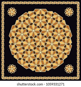 Mandala. Circular ornament. Design for print on silk neck scarf, kerchief, pillow, bandana, carpet.