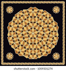 Mandala. Circular ornament. Design for print on silk neck scarf, kerchief, pillow, bandana, carpet.