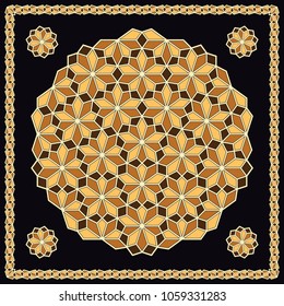 Mandala. Circular ornament. Design for print on silk neck scarf, kerchief, pillow, bandana, carpet.