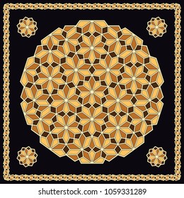 Mandala. Circular ornament. Design for print on silk neck scarf, kerchief, pillow, bandana, carpet.