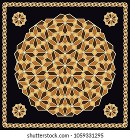 Mandala. Circular ornament. Design for print on silk neck scarf, kerchief, pillow, bandana, carpet.