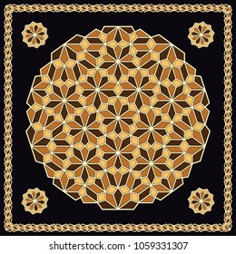 Mandala. Circular ornament. Design for print on silk neck scarf, kerchief, pillow, bandana, carpet.