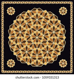 Mandala. Circular ornament. Design for print on silk neck scarf, kerchief, pillow, bandana, carpet.