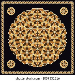 Mandala. Circular ornament. Design for print on silk neck scarf, kerchief, pillow, bandana, carpet.