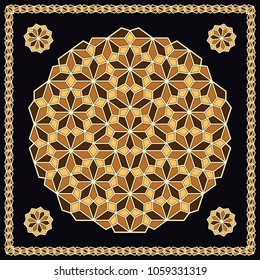 Mandala. Circular ornament. Design for print on silk neck scarf, kerchief, pillow, bandana, carpet.