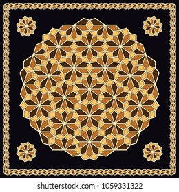 Mandala. Circular ornament. Design for print on silk neck scarf, kerchief, pillow, bandana, carpet.