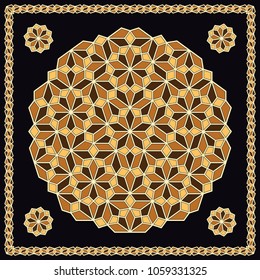 Mandala. Circular ornament. Design for print on silk neck scarf, kerchief, pillow, bandana, carpet.