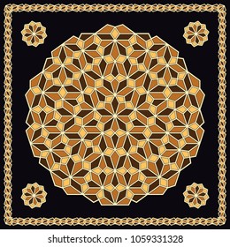 Mandala. Circular ornament. Design for print on silk neck scarf, kerchief, pillow, bandana, carpet.