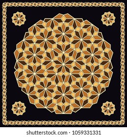 Mandala. Circular ornament. Design for print on silk neck scarf, kerchief, pillow, bandana, carpet.