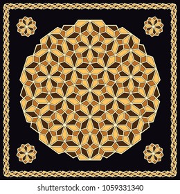 Mandala. Circular ornament. Design for print on silk neck scarf, kerchief, pillow, bandana, carpet.