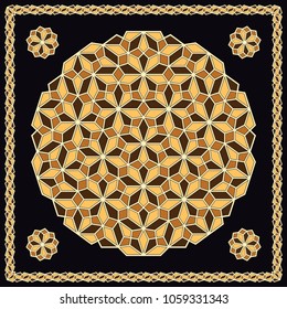 Mandala. Circular ornament. Design for print on silk neck scarf, kerchief, pillow, bandana, carpet.