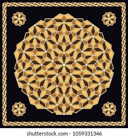 Mandala. Circular ornament. Design for print on silk neck scarf, kerchief, pillow, bandana, carpet.