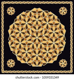 Mandala. Circular ornament. Design for print on silk neck scarf, kerchief, pillow, bandana, carpet.