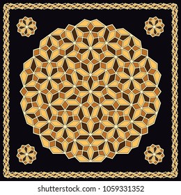 Mandala. Circular ornament. Design for print on silk neck scarf, kerchief, pillow, bandana, carpet.