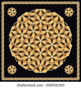 Mandala. Circular ornament. Design for print on silk neck scarf, kerchief, pillow, bandana, carpet.