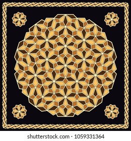 Mandala. Circular ornament. Design for print on silk neck scarf, kerchief, pillow, bandana, carpet.