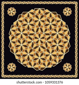 Mandala. Circular ornament. Design for print on silk neck scarf, kerchief, pillow, bandana, carpet.