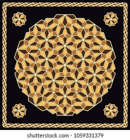 Mandala. Circular ornament. Design for print on silk neck scarf, kerchief, pillow, bandana, carpet.