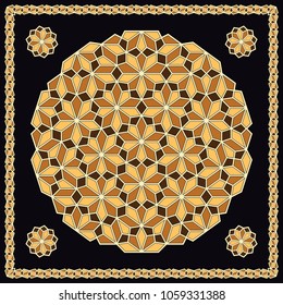 Mandala. Circular ornament. Design for print on silk neck scarf, kerchief, pillow, bandana, carpet.