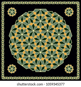 Mandala. Circular ornament. Design for print on silk neck scarf, kerchief, pillow, bandana, carpet.