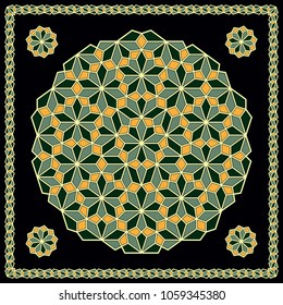 Mandala. Circular ornament. Design for print on silk neck scarf, kerchief, pillow, bandana, carpet.