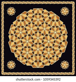 Mandala. Circular ornament. Design for print on silk neck scarf, kerchief, pillow, bandana, carpet.