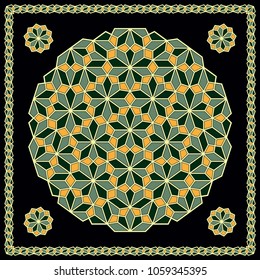 Mandala. Circular ornament. Design for print on silk neck scarf, kerchief, pillow, bandana, carpet.