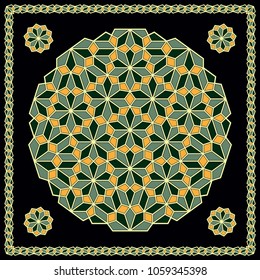 Mandala. Circular ornament. Design for print on silk neck scarf, kerchief, pillow, bandana, carpet.