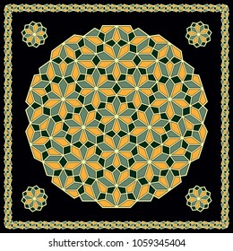 Mandala. Circular ornament. Design for print on silk neck scarf, kerchief, pillow, bandana, carpet.