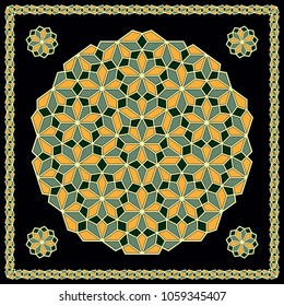 Mandala. Circular ornament. Design for print on silk neck scarf, kerchief, pillow, bandana, carpet.