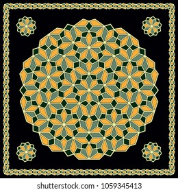 Mandala. Circular ornament. Design for print on silk neck scarf, kerchief, pillow, bandana, carpet.
