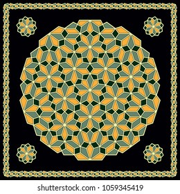 Mandala. Circular ornament. Design for print on silk neck scarf, kerchief, pillow, bandana, carpet.