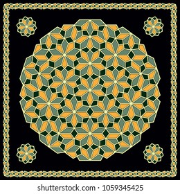 Mandala. Circular ornament. Design for print on silk neck scarf, kerchief, pillow, bandana, carpet.