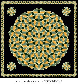 Mandala. Circular ornament. Design for print on silk neck scarf, kerchief, pillow, bandana, carpet.