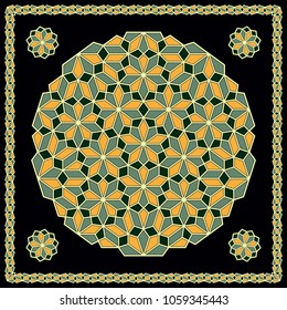 Mandala. Circular ornament. Design for print on silk neck scarf, kerchief, pillow, bandana, carpet.