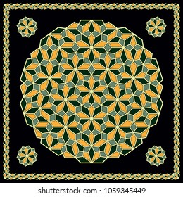 Mandala. Circular ornament. Design for print on silk neck scarf, kerchief, pillow, bandana, carpet.