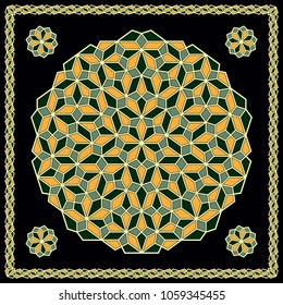 Mandala. Circular ornament. Design for print on silk neck scarf, kerchief, pillow, bandana, carpet.