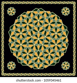 Mandala. Circular ornament. Design for print on silk neck scarf, kerchief, pillow, bandana, carpet.