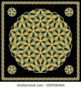 Mandala. Circular ornament. Design for print on silk neck scarf, kerchief, pillow, bandana, carpet.