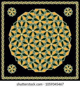 Mandala. Circular ornament. Design for print on silk neck scarf, kerchief, pillow, bandana, carpet.