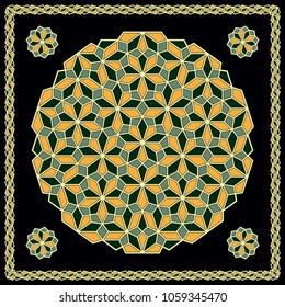 Mandala. Circular ornament. Design for print on silk neck scarf, kerchief, pillow, bandana, carpet.